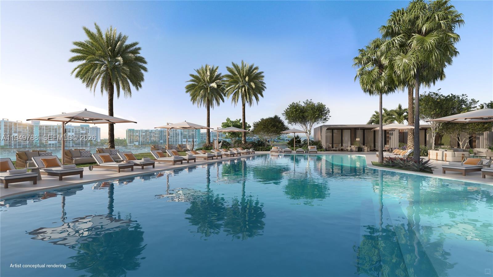 This artist conceptual rendering shows a luxury swimming pool area with lounge chairs and palm trees — 3724 S OCEAN DR # 1205, Hollywood FL 33019, HOLLYWOOD, FL
