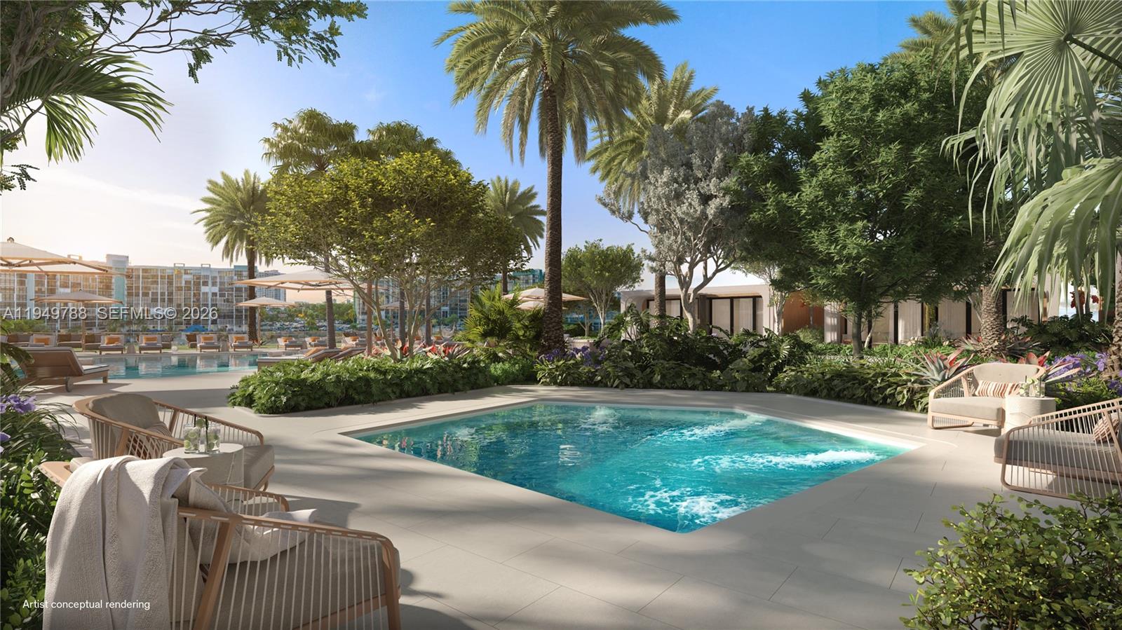 This artist conceptual rendering shows a square hot tub surrounded by lounge chairs and landscaping — 3724 S OCEAN DR # 1205, Hollywood FL 33019, HOLLYWOOD, FL