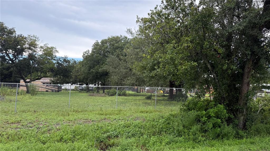 A chain-link fence encloses a grassy lot with several large trees under a cloudy sky — 5585 LAKE LIZZIE DRIVE, ST CLOUD, FL