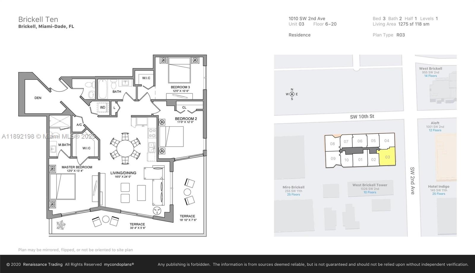 This is a floor plan for a three-bedroom, two-bathroom residential unit with two terraces — 1010 SW 2nd Ave # 603, Miami FL 33130, MIAMI, FL