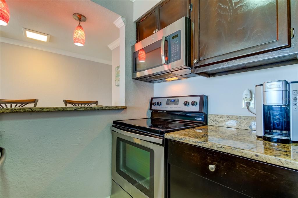 A kitchen features dark wood cabinets, stainless steel appliances, and granite countertops — 2506 N ROCKY POINT DRIVE UNIT 457, TAMPA, FL