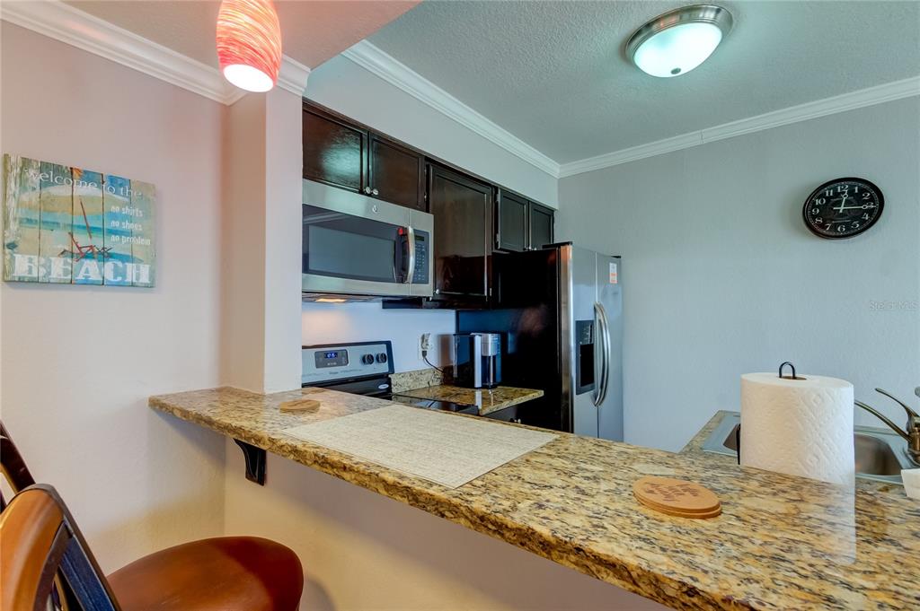 A kitchen features dark wood cabinets, granite countertops, stainless steel appliances, and a breakfast bar — 2506 N ROCKY POINT DRIVE UNIT 457, TAMPA, FL