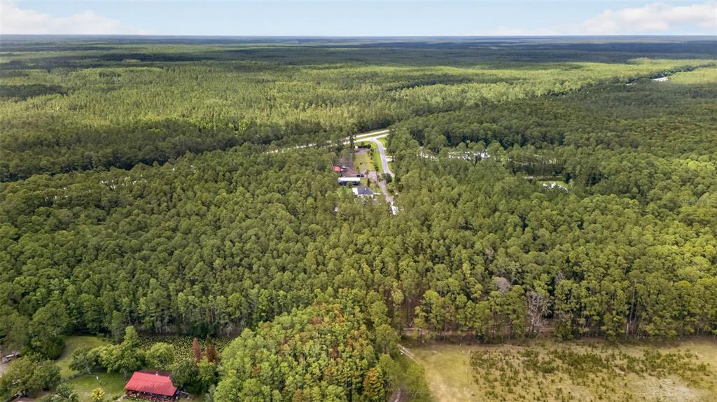 An aerial view shows a house with a red roof surrounded by dense forest — HWY 92 AT BIG JOHN RD, DELAND, FL