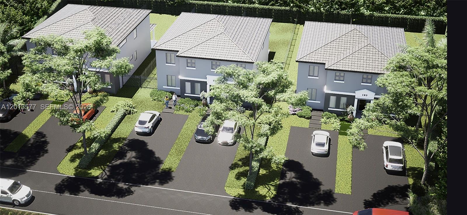 This is a digital rendering of three two-story houses with driveways and landscaping — 20 ST SW 124 PL 20 ST SW, Miami FL 33175, MIAMI, FL