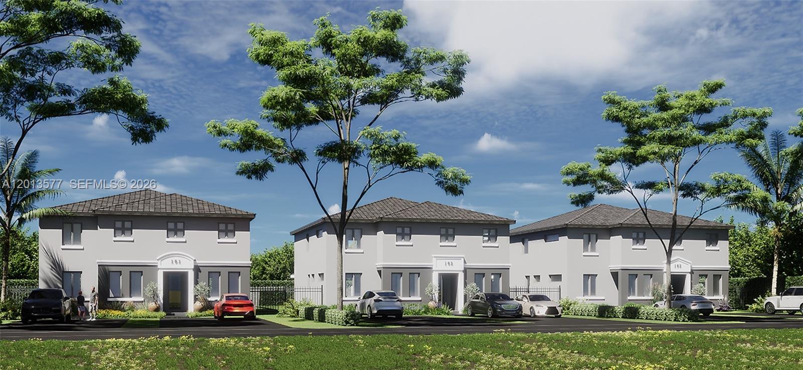 This is a digital rendering of three two-story residential buildings with paved driveways and landscaping — 20 ST SW 124 PL 20 ST SW, Miami FL 33175, MIAMI, FL