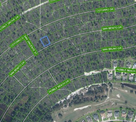 This is an aerial map showing a highlighted vacant lot located near a residential street — 6536 SAN BENITO DRIVE, SEBRING, FL