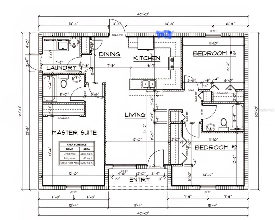 This is a floor plan for a three-bedroom, two-bathroom house with an open living area — 3353 S COMBEE ROAD, LAKELAND, FL