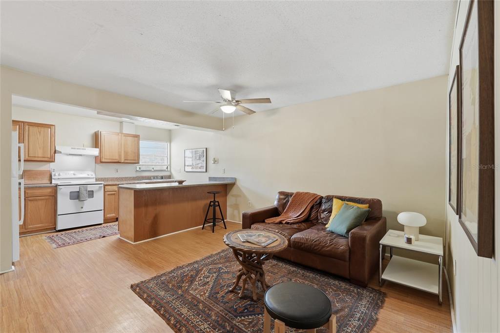 A living room with a brown leather sofa, area rug, and an open-concept kitchen — 2811 SW ARCHER ROAD UNIT Y232, GAINESVILLE, FL