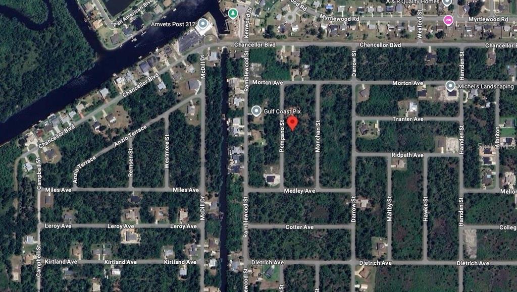 This is an aerial map view of a residential area with a red location pin — 72 POMPANO STREET, PORT CHARLOTTE, FL