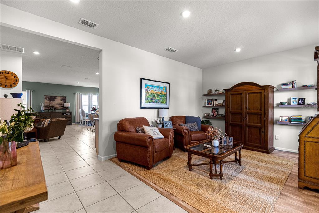 A living room features two brown leather armchairs, a wooden cabinet, and a jute rug — 3133 HILL POINT STREET, MINNEOLA, FL
