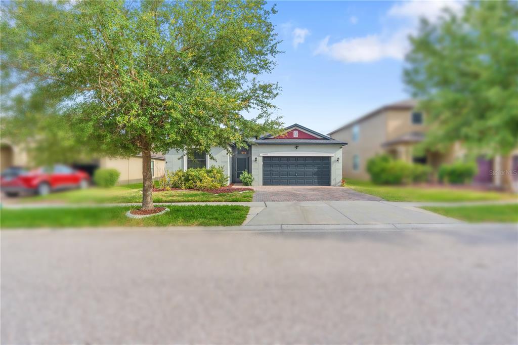 A single-story house with a dark garage door, a red gable accent, and a large tree — 10222 CELTIC ASH DRIVE, RUSKIN, FL