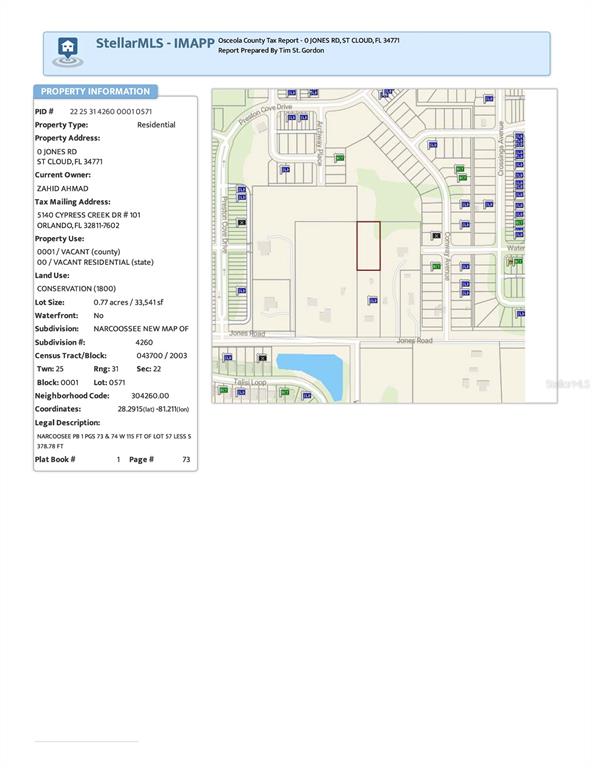 This is a property tax map showing a vacant lot in St. Cloud, Florida — 0 JONES ROAD, ST CLOUD, FL