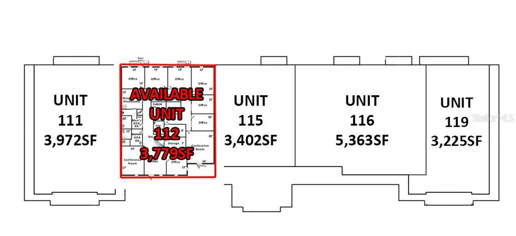 This floor plan shows the layout and square footage of several commercial office units — 1107 W MARION AVENUE, PUNTA GORDA, FL