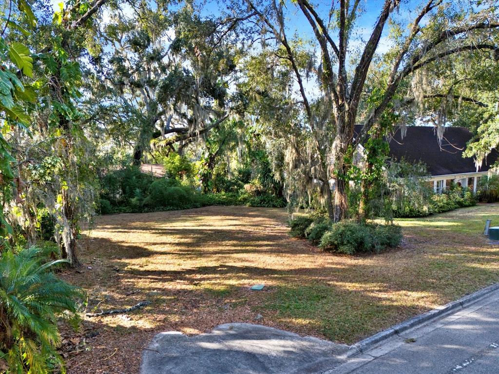 A vacant, grassy residential lot is surrounded by mature trees and adjacent houses — 1113 N RIVERHILLS DRIVE, TEMPLE TERRACE, FL