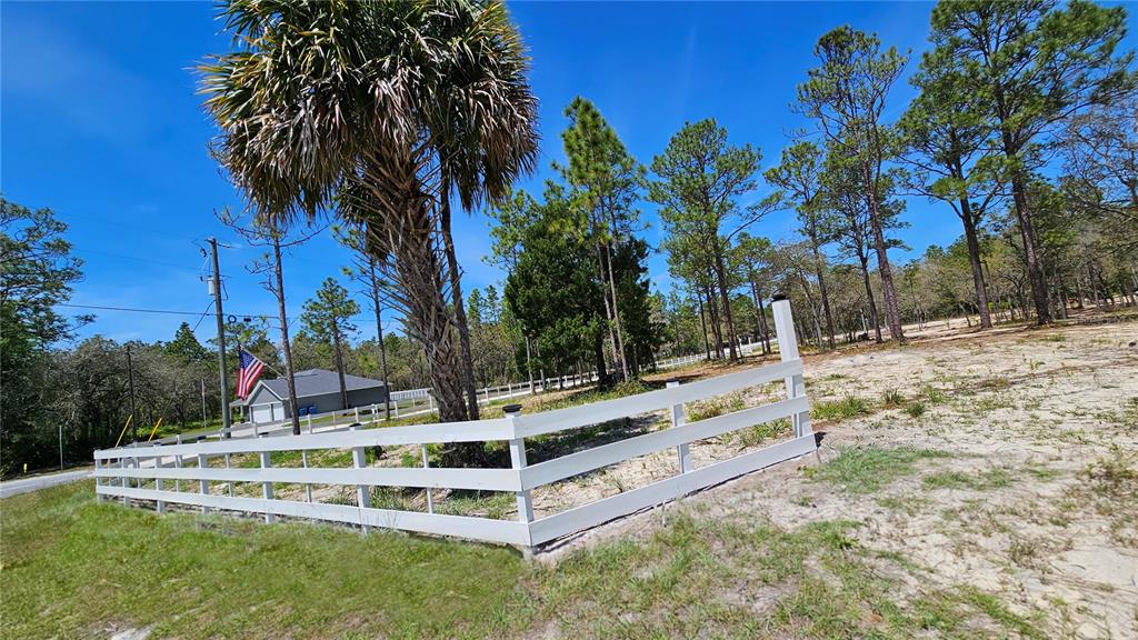 A white wooden fence encloses a sandy lot featuring a large palm tree and trees — 10379 THRASHER AVENUE, WEEKI WACHEE, FL