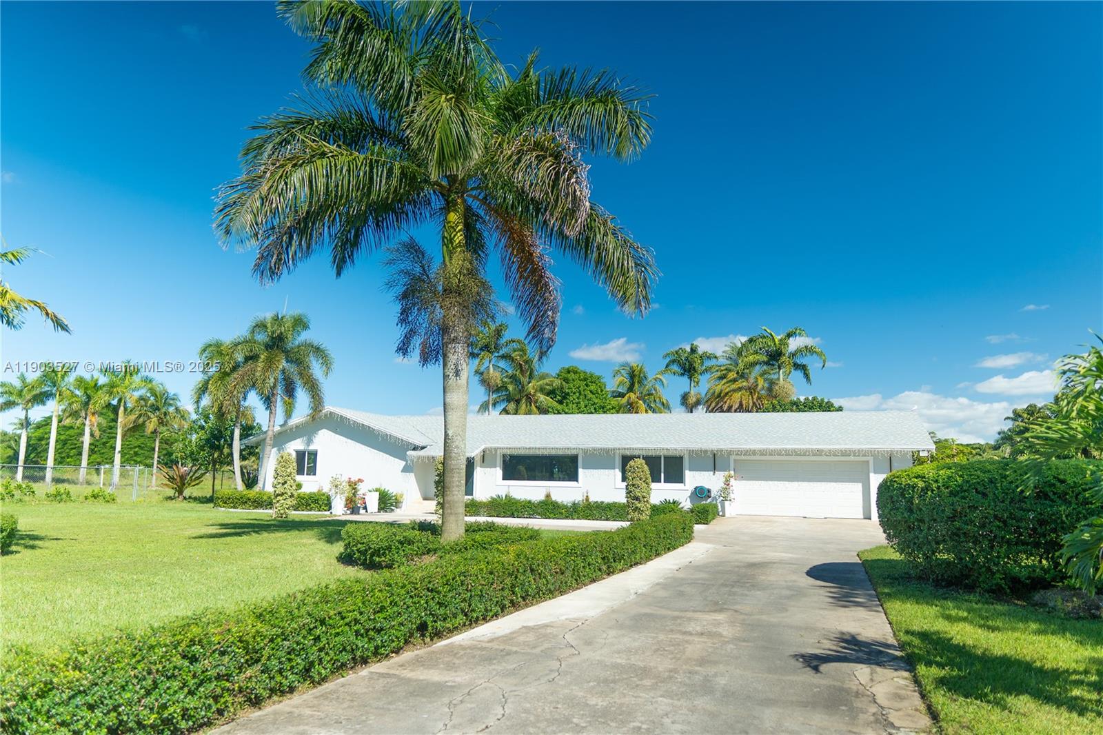A single-story white house with a palm tree and a concrete driveway in front — 19245 SW 188th St, Miami FL 33187, MIAMI, FL