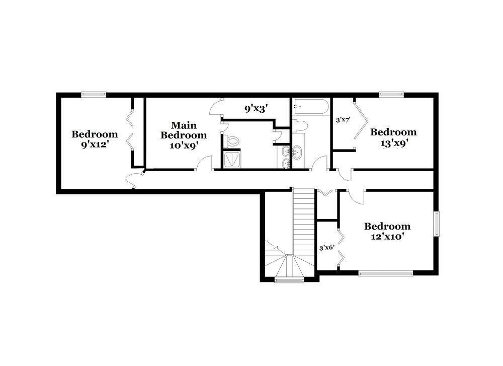 This is a floor plan showing the layout of a four-bedroom residential level with stairs — WELLINGTON, FL