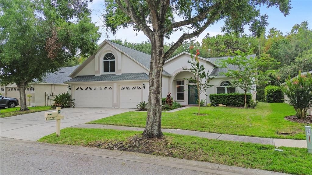 A single-story suburban house with a two-car garage, arched windows, and a manicured lawn — 10217 TIMBERLAND POINT DRIVE, TAMPA, FL