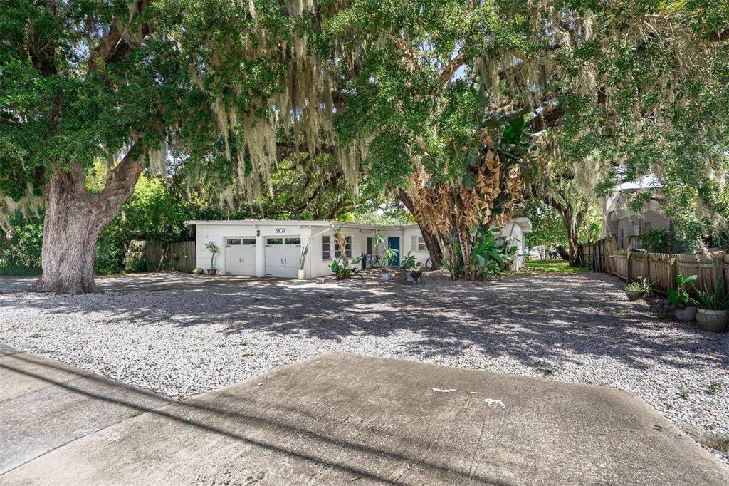 A white single-story house with a blue front door and a large oak tree — 3107 LAKE MARGARET DRIVE, ORLANDO, FL