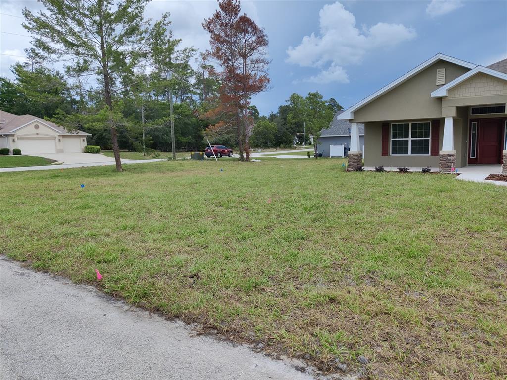 A grassy vacant lot sits between two suburban houses under a partly cloudy sky — 1 CHRYSANTHEMUM COURT, HOMOSASSA, FL