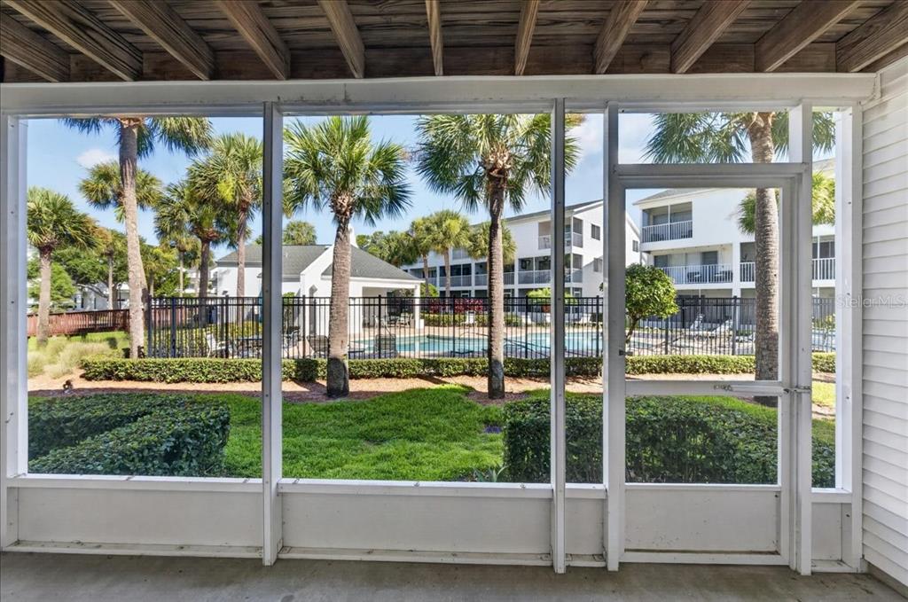 A screened-in porch overlooks a swimming pool, palm trees, and a multi-story apartment building — 14846 SEMINOLE TRAIL, SEMINOLE, FL