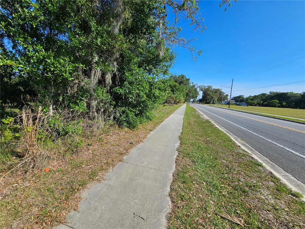 A concrete sidewalk runs alongside a road bordered by trees and a grassy field — 123 W 2ND AVENUE, PIERSON, FL
