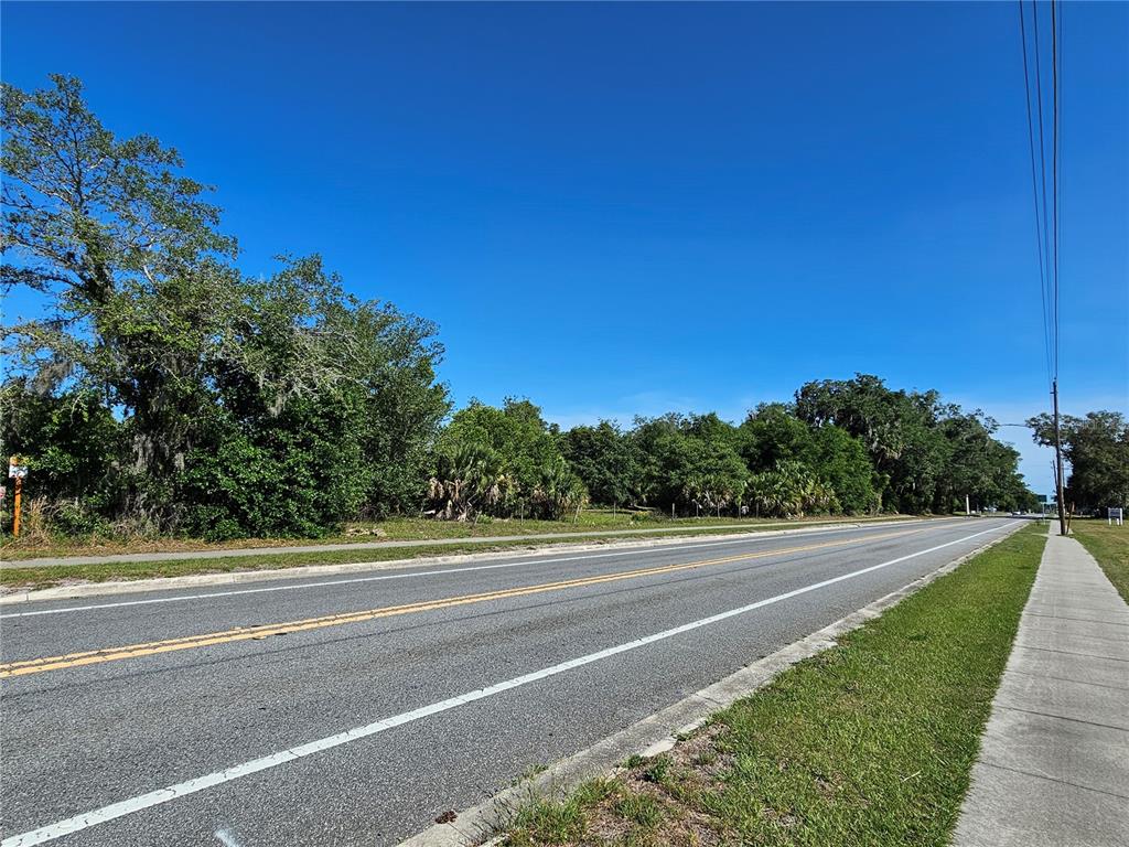 A paved road runs alongside a grassy sidewalk and a wooded lot under a clear sky — 123 W 2ND AVENUE, PIERSON, FL