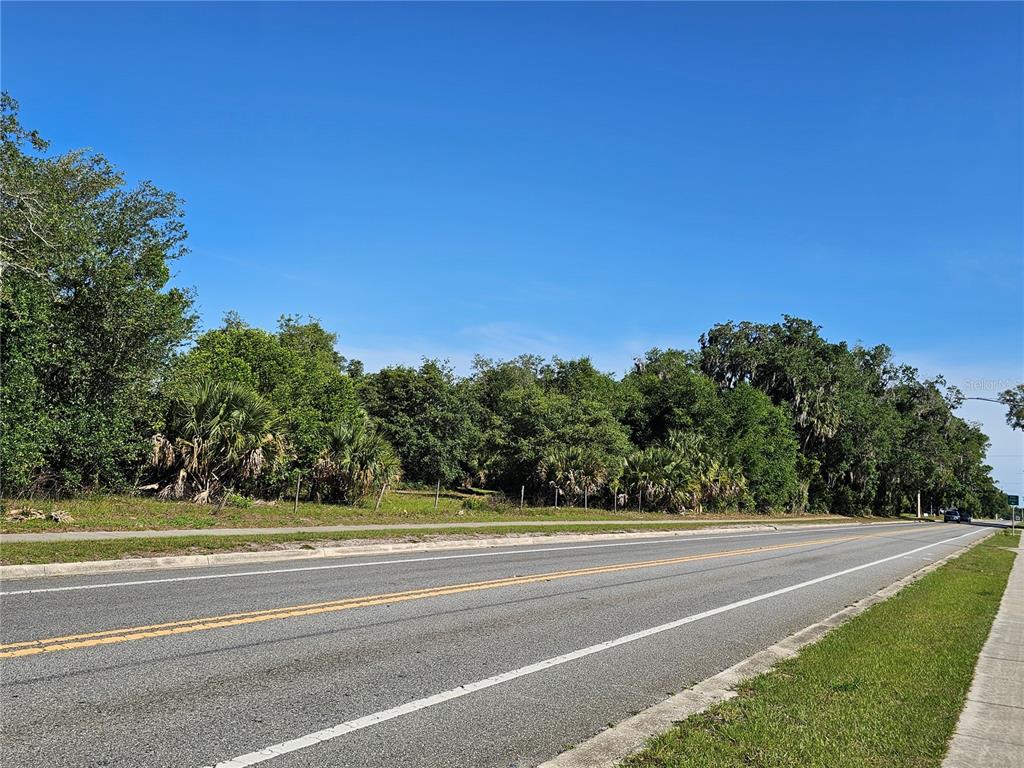 A paved road runs alongside a vacant, tree-covered lot under a clear blue sky — 123 W 2ND AVENUE, PIERSON, FL