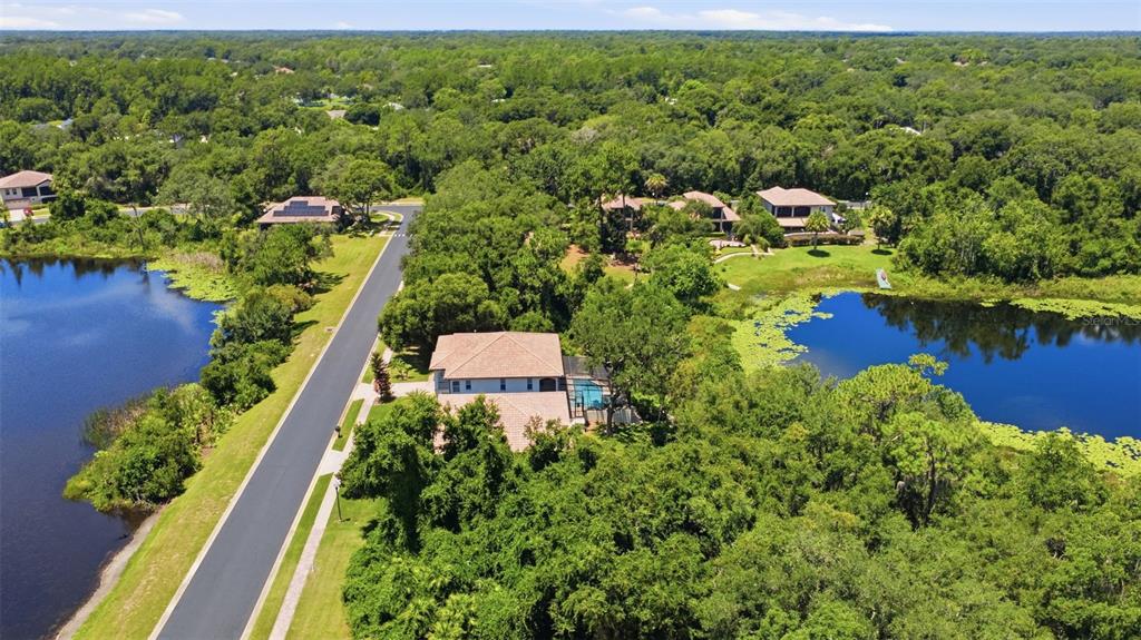 An aerial view shows a house with a pool situated between two bodies of water — 750 ONYX PARKWAY, DELAND, FL