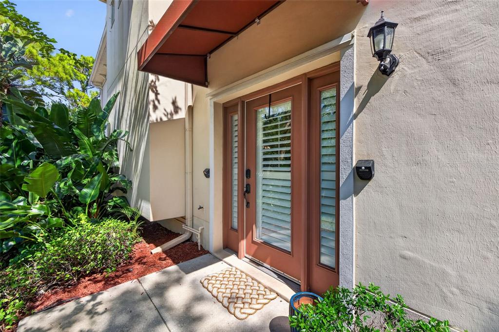 A brown front door with glass panels and a red awning sits on a concrete porch — 252 VALENCIA CIRCLE, ST PETERSBURG, FL