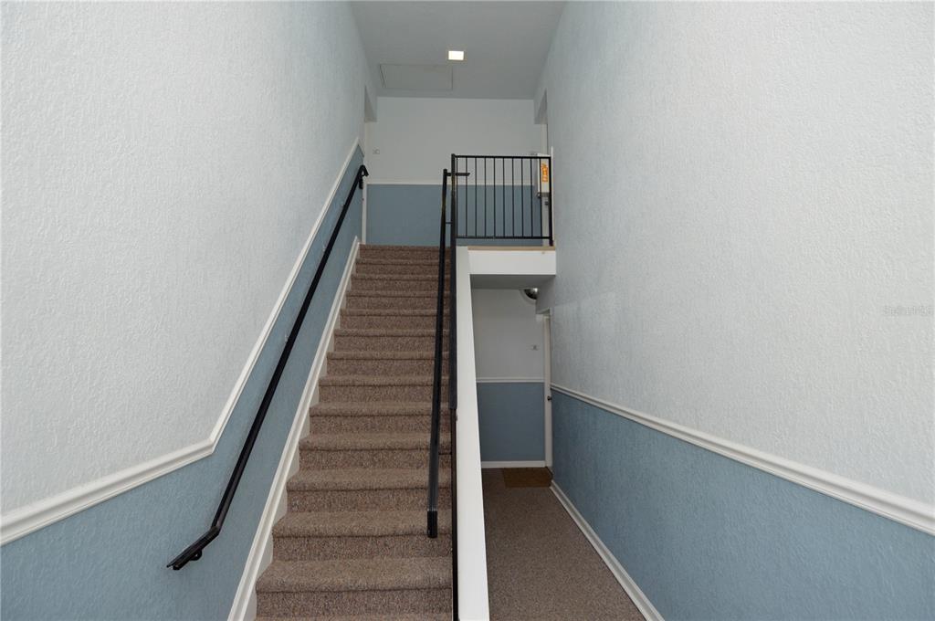 A carpeted staircase with a black metal railing leads to an upper landing — 5048 BEACH DRIVE SE UNIT F, ST PETERSBURG, FL