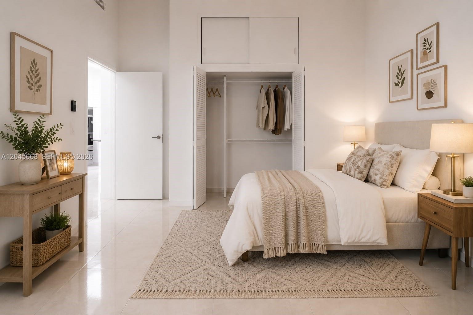 A bright bedroom features a bed, a closet, a console table, and neutral decor — 601 Leslie Dr, Hallandale Beach FL 33009, HALLANDALE BEACH, FL
