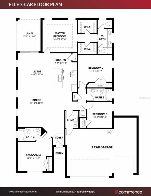 This is a floor plan for a four-bedroom, three-bathroom home with a three-car garage — B NARCISSUS, DUNNELLON, FL