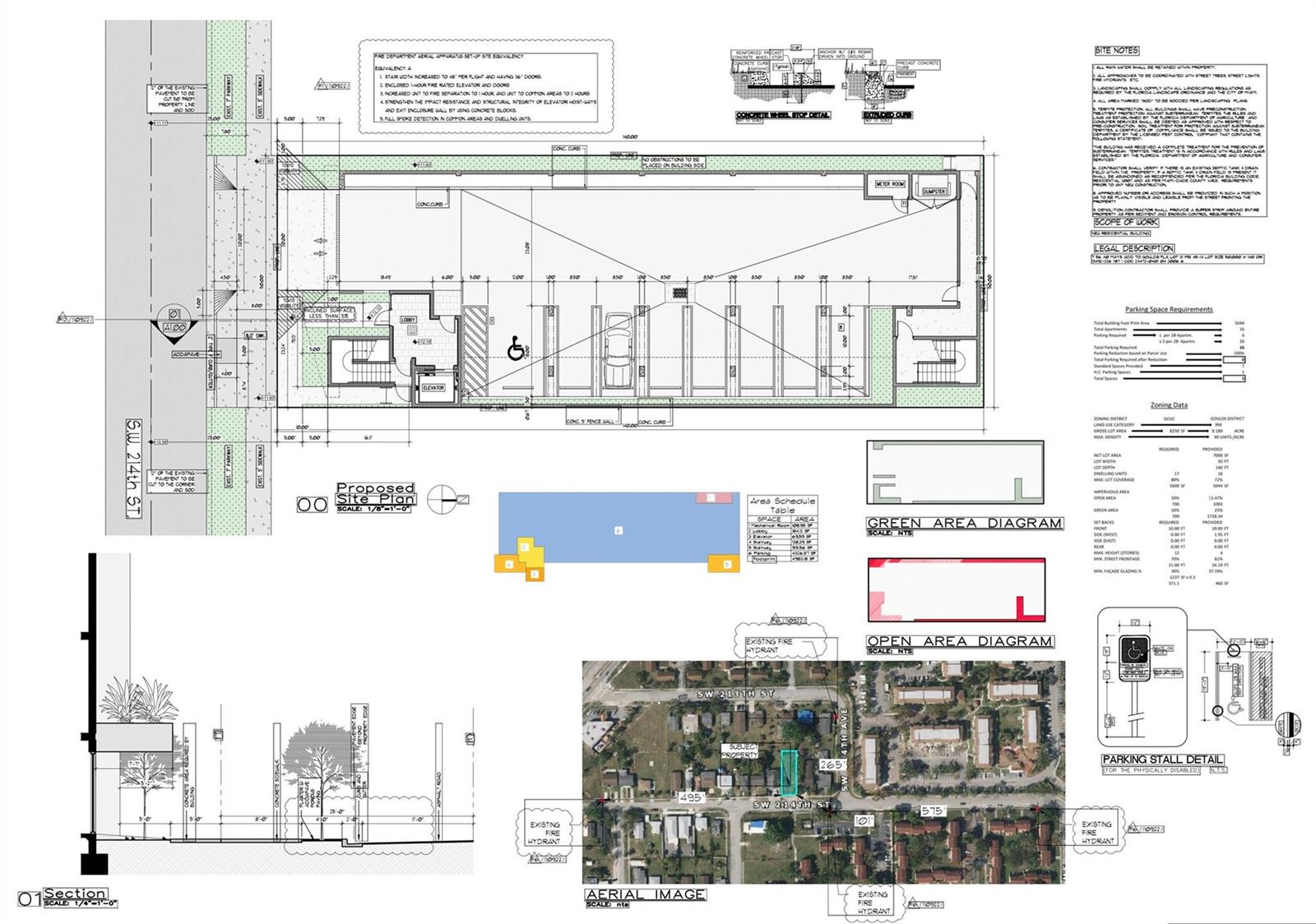 This is a site plan and aerial map for a proposed residential building project — 11417 SW 214th, Miami FL 33189, MIAMI, FL
