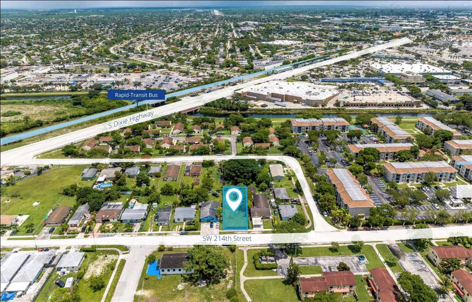 An aerial view shows a residential neighborhood with a highlighted lot on a street corner — 11417 SW 214th, Miami FL 33189, MIAMI, FL