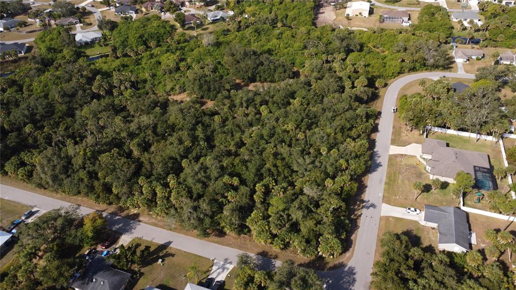 An aerial view shows a heavily wooded, undeveloped residential lot situated between two paved streets — ALFA TERRACE, NORTH PORT, FL