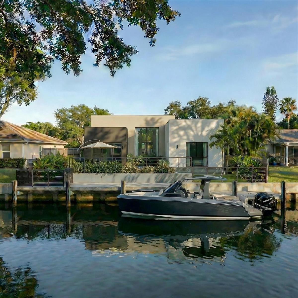 A modern waterfront home with a boat docked in the canal in front — 2500 NE 18th Avenue, Wilton Manors FL 33305, WILTON MANORS, FL