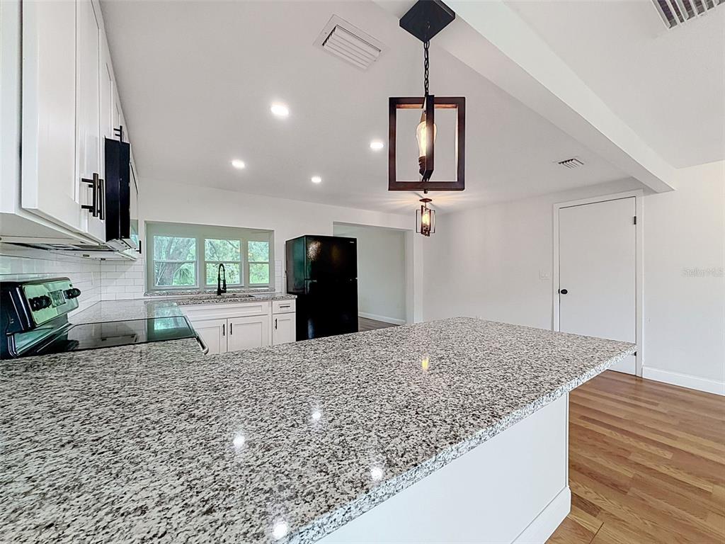 A kitchen features a granite-topped island, white cabinetry, and a modern pendant light fixture — 6845 MEDLAR DRIVE, NEW PORT RICHEY, FL