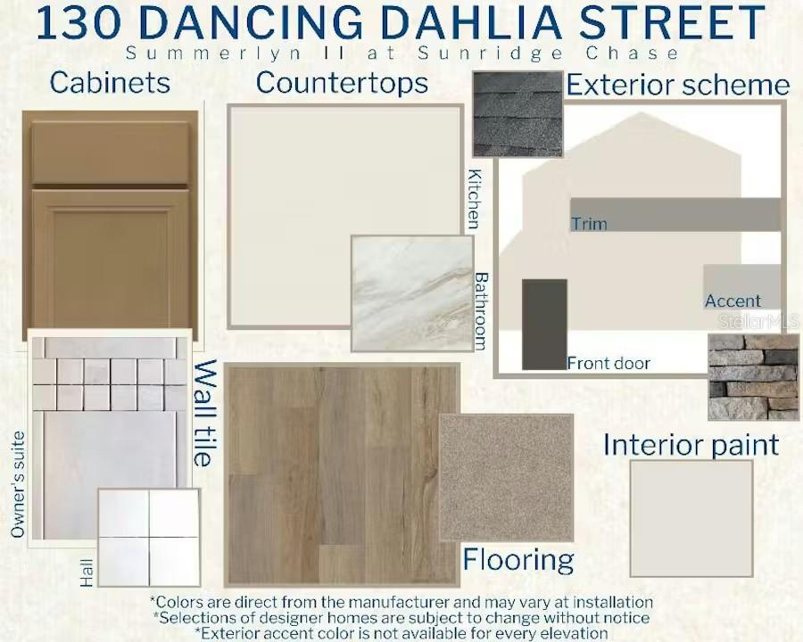 This design board displays interior and exterior finish selections for a new home construction — 130 DANCING DAHLIA STREET, RUSKIN, FL