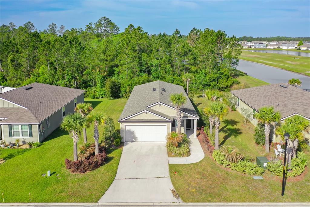 An aerial view of a single-story suburban house with a concrete driveway and palm trees — 6214 WILD MUSTANG TRAIL, JACKSONVILLE, FL