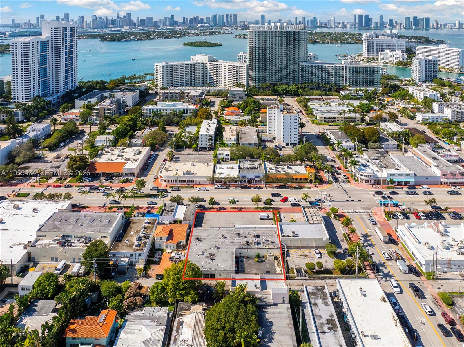 An aerial view shows a rectangular commercial property outlined in red within a city — 1441 Alton Rd, Miami Beach FL 33139, MIAMI BEACH, FL