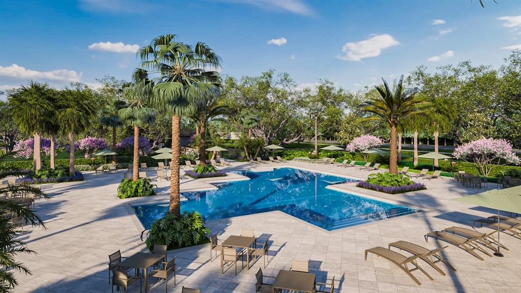 A digital rendering of a swimming pool area surrounded by palm trees and patio furniture — 4493 ELLIOTS ASTOR BOULEVARD, ST CLOUD, FL