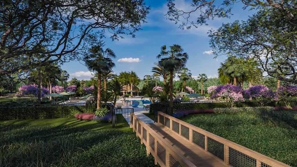 This rendering shows a wooden footbridge leading to a resort-style swimming pool area with landscaping — 4493 ELLIOTS ASTOR BOULEVARD, ST CLOUD, FL