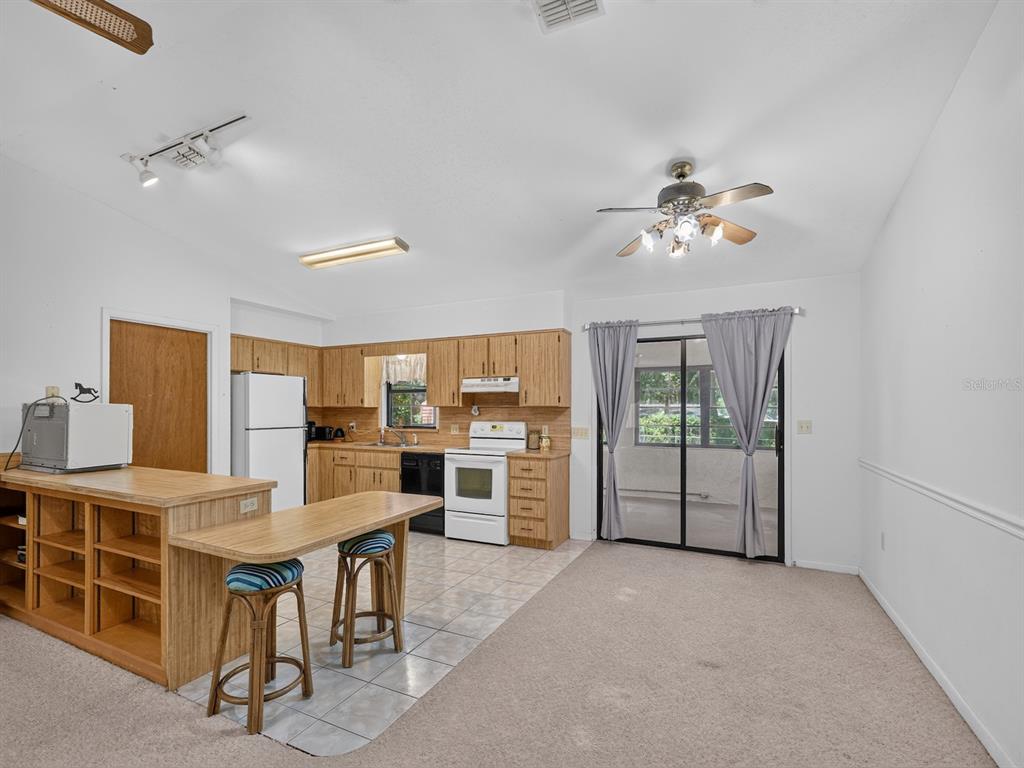 An open-concept living room and kitchen with wood cabinetry, carpeted floors, and sliding glass doors — 1912 SE 169TH COURT, SILVER SPRINGS, FL