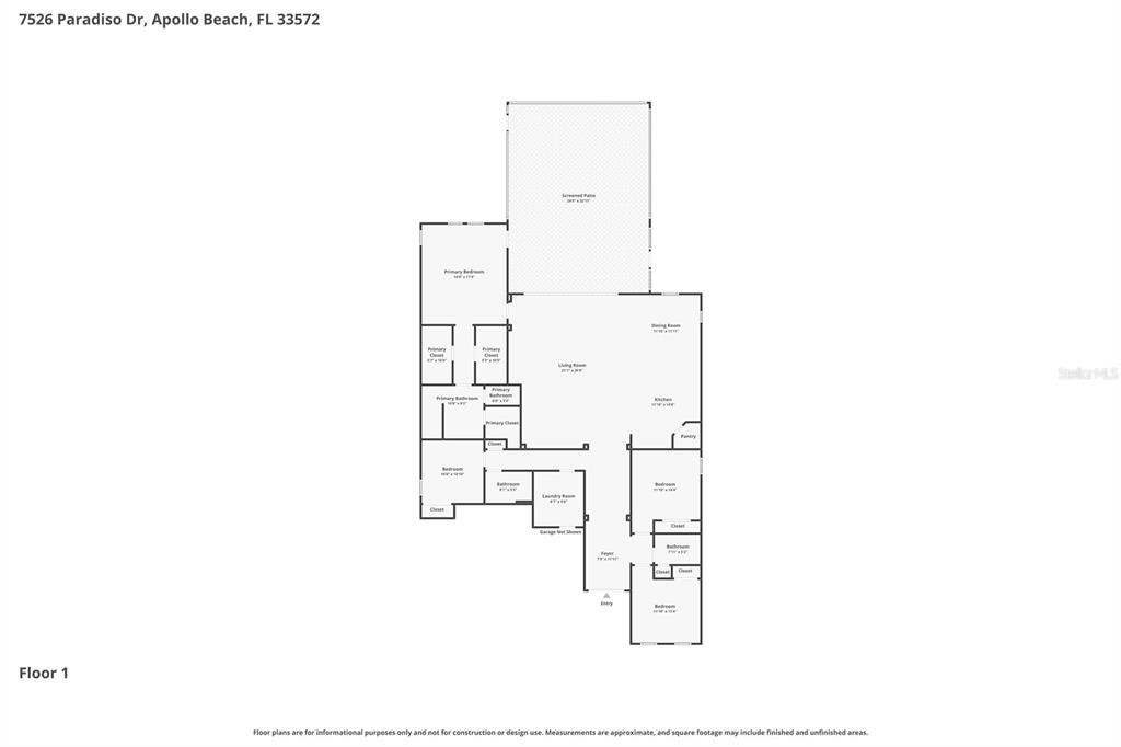 This is a floor plan for a single-story house with a screened patio — 7526 PARADISO DRIVE, APOLLO BEACH, FL
