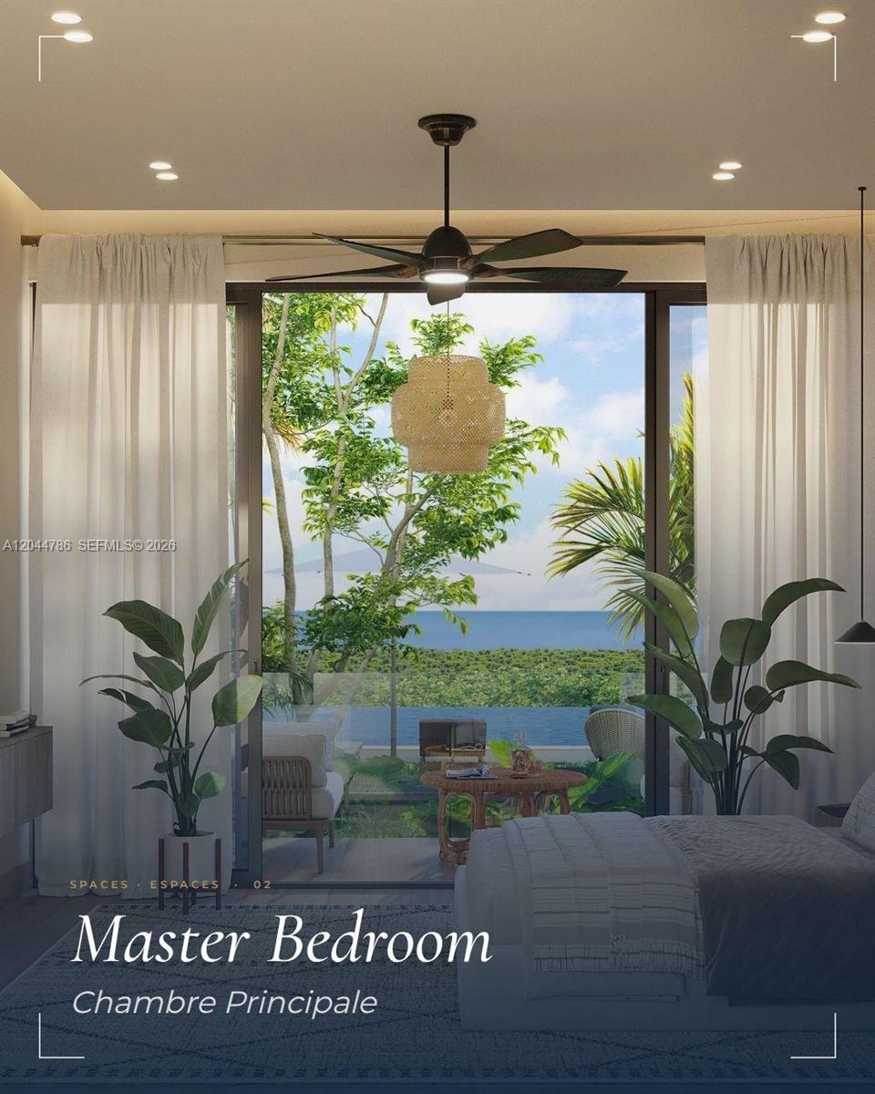 This rendering shows a master bedroom with a ceiling fan, sheer curtains, and a balcony view — 0 Cabrera hills # 0, FL, FL