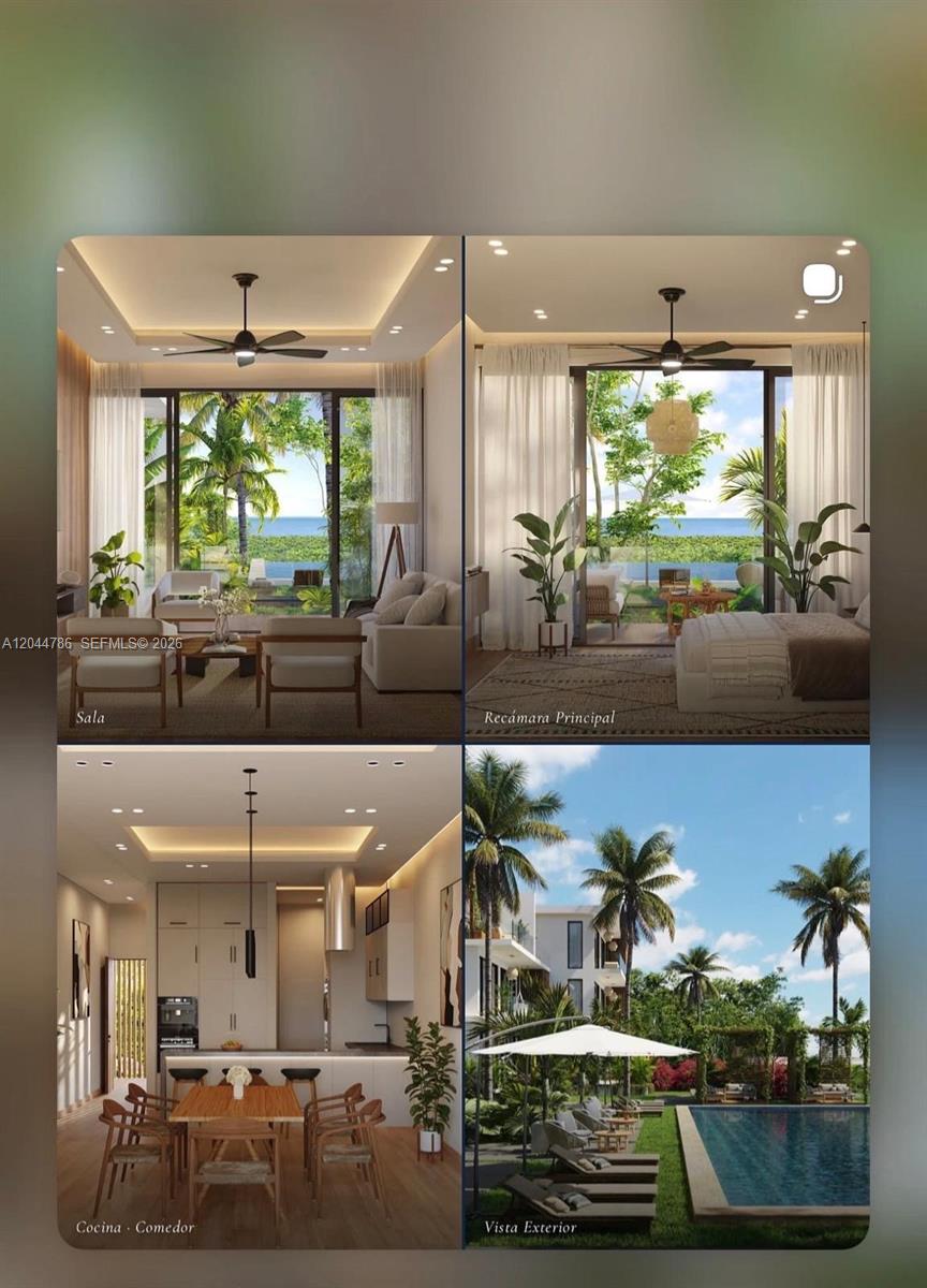 A four-panel architectural rendering showing a living room, bedroom, kitchen-dining area, and outdoor pool — 0 Cabrera hills # 0, FL, FL