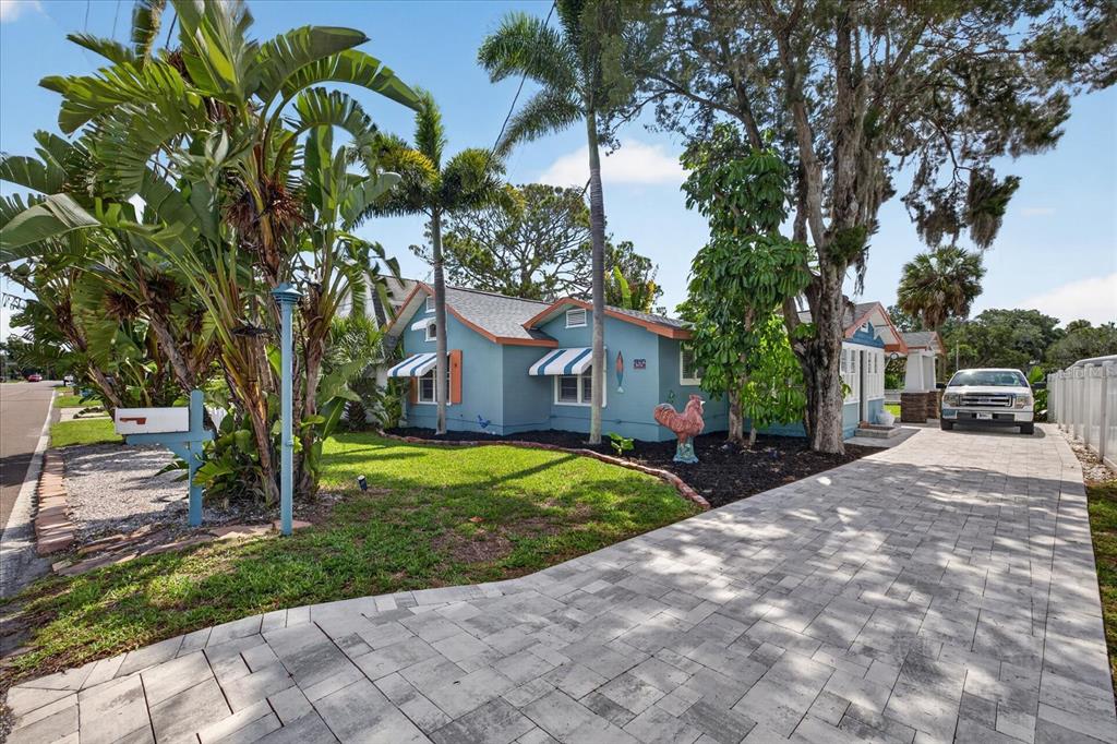 A blue single-story house with a paved driveway, palm trees, and a front lawn — 6202 RIVER ROAD, NEW PORT RICHEY, FL