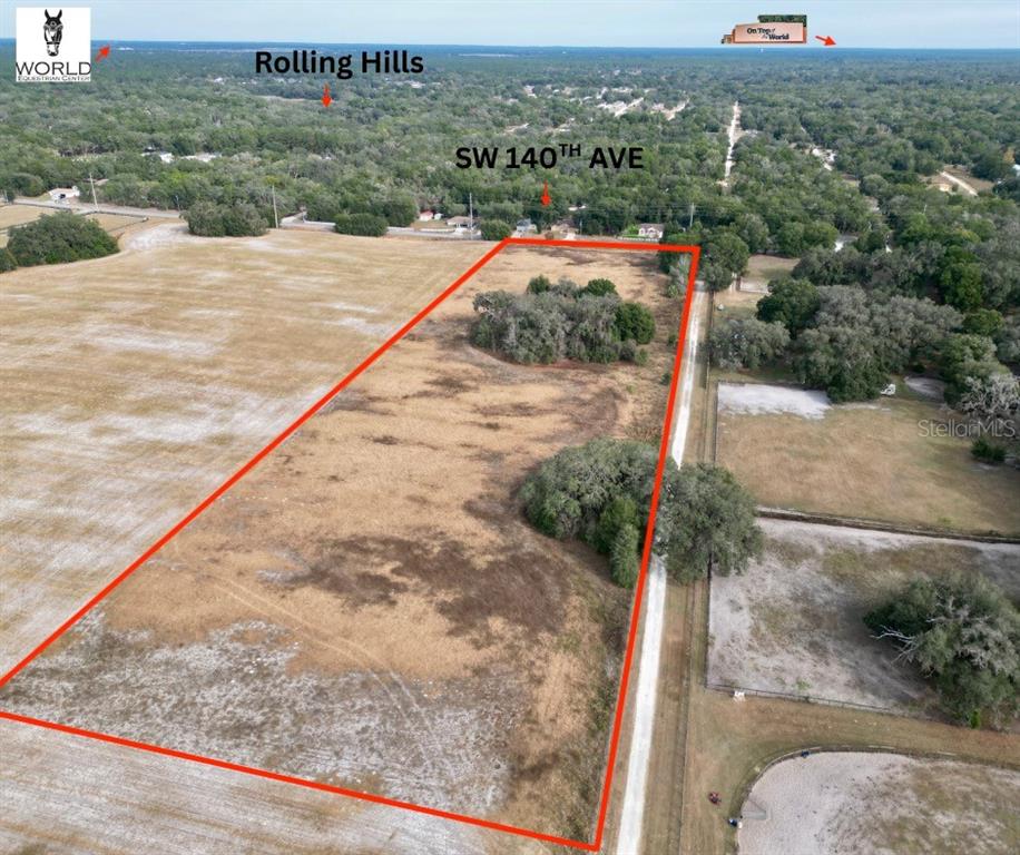 An aerial view shows a rectangular plot of vacant land outlined in red — TBD SW 140TH AVENUE, DUNNELLON, FL