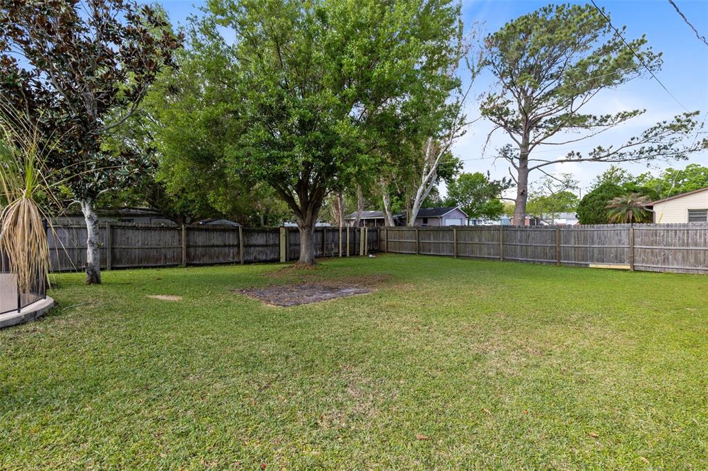 A grassy backyard features a large tree, a wooden privacy fence, and a bare patch — 118 GEORGIA AVENUE, ST CLOUD, FL